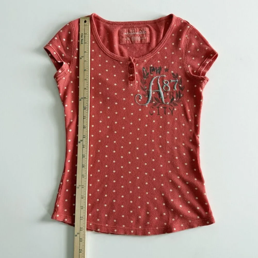 Aeropostale Girls L Orange Polka Dot Henley Waffle Weave Crew Shirt Embroidered